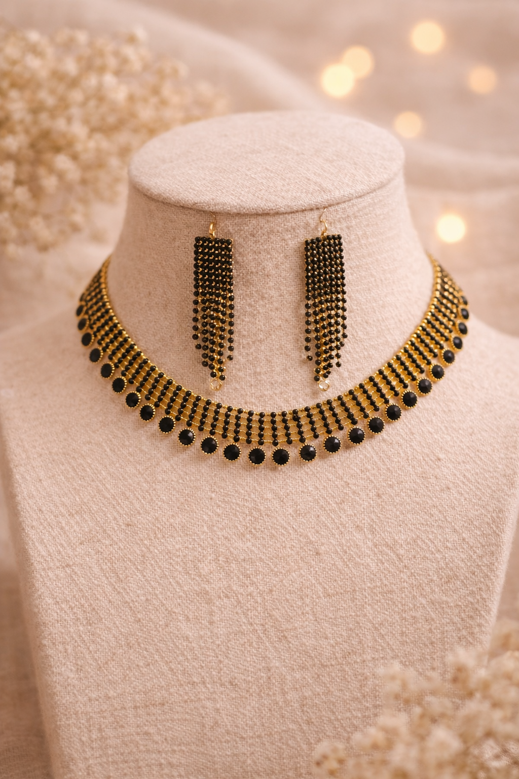 Black & Gold Beaded Choker Set