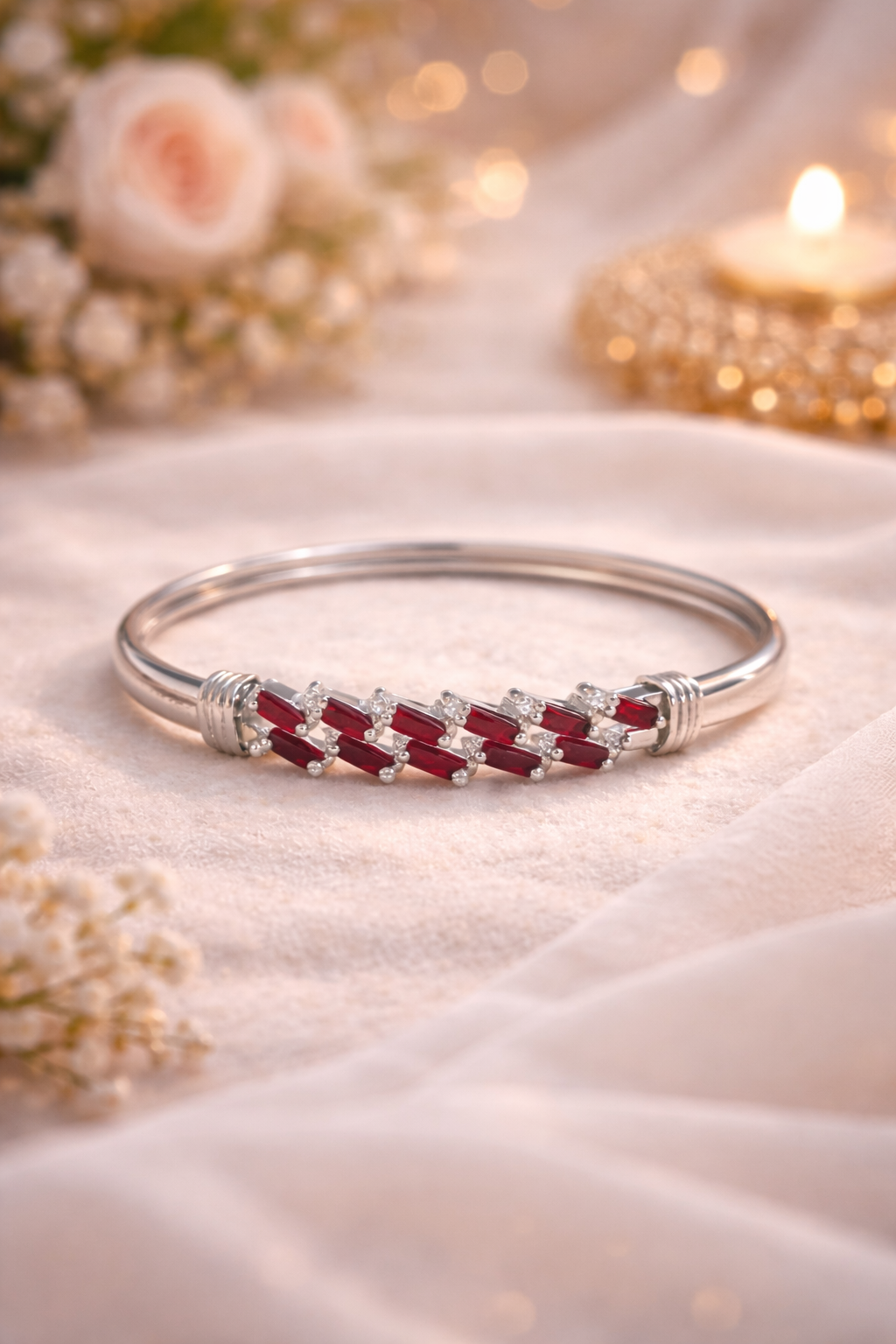 Silver-Plated Ruby Red Baguette Bangle Bracelet
